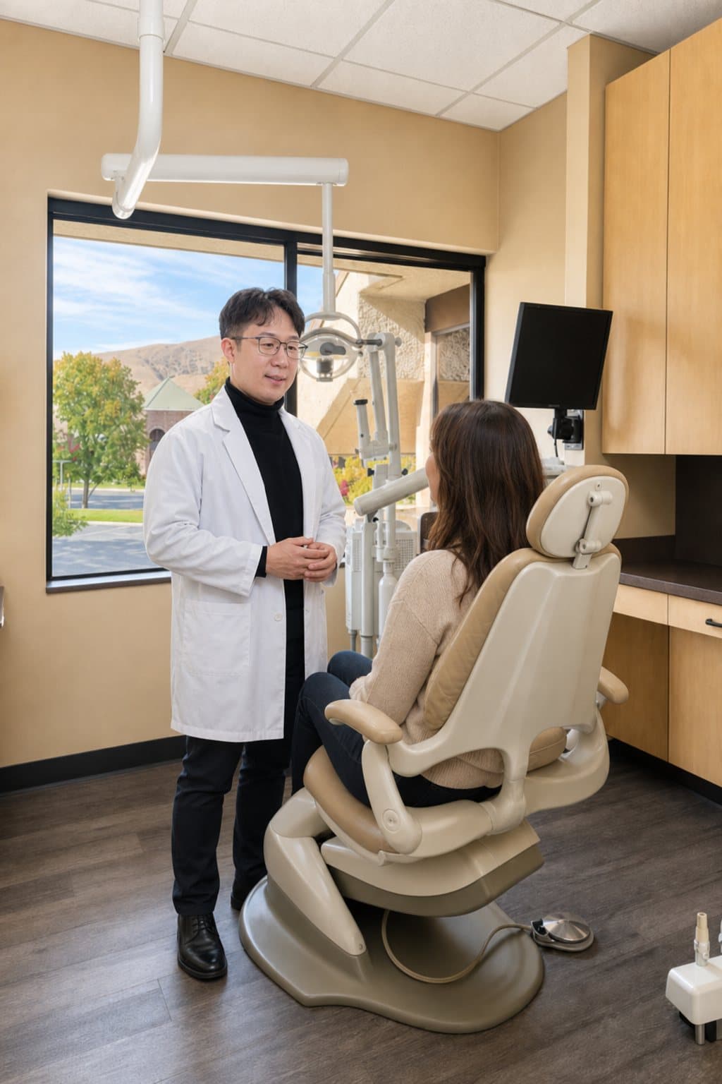 Dr. Jeong talking with a patient seated in a treatment chair at Gilead Dental