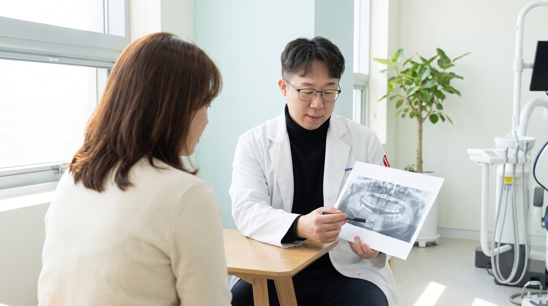 Dr. Jeong explaining a panoramic X-ray to a patient during a consult