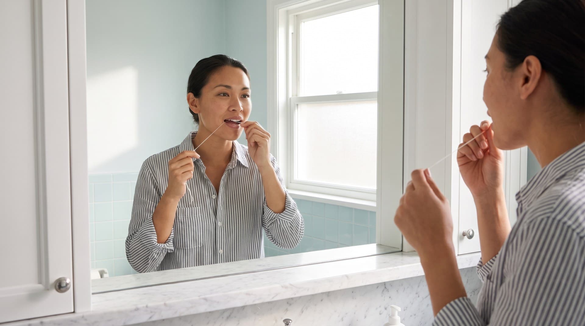 Someone flossing at a bathroom mirror